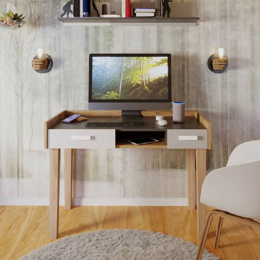 Muncie Wooden Laptop Desk With 2 Drawers In White And Oak